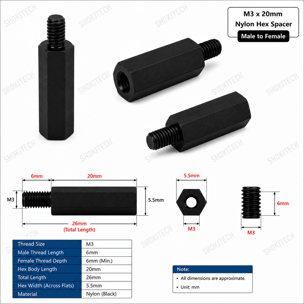 M3 x 20mm Nylon Hex Standoff Spacer – Male to Female - Image 2