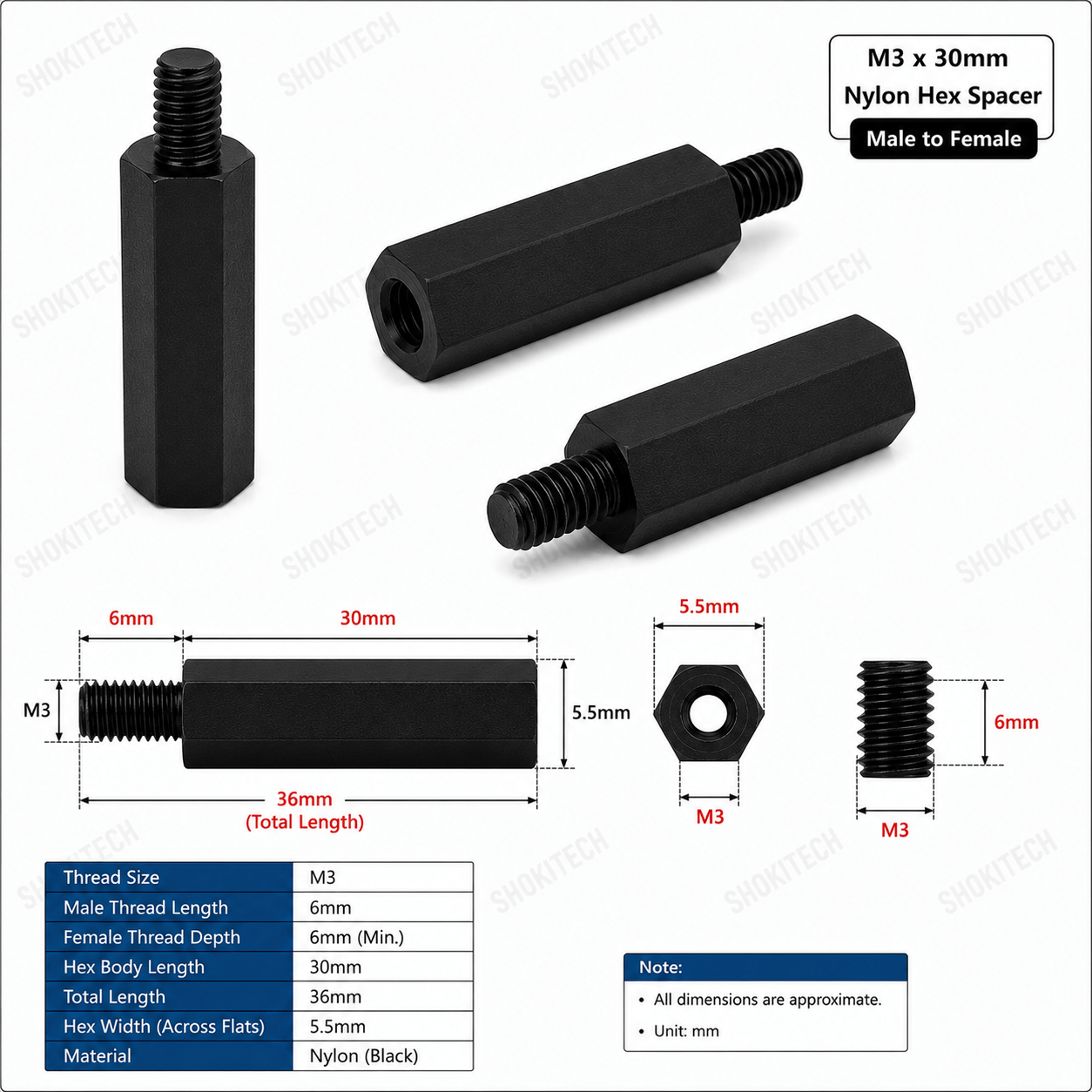 M3 x 30mm Nylon Hex Standoff Spacer – Male to Female (Black) - Image 3