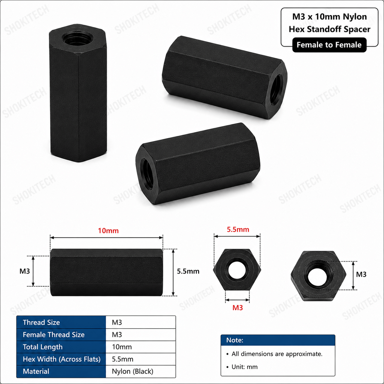 M3 x 10mm Nylon Hex Standoff Spacer – Female to Female - Image 2