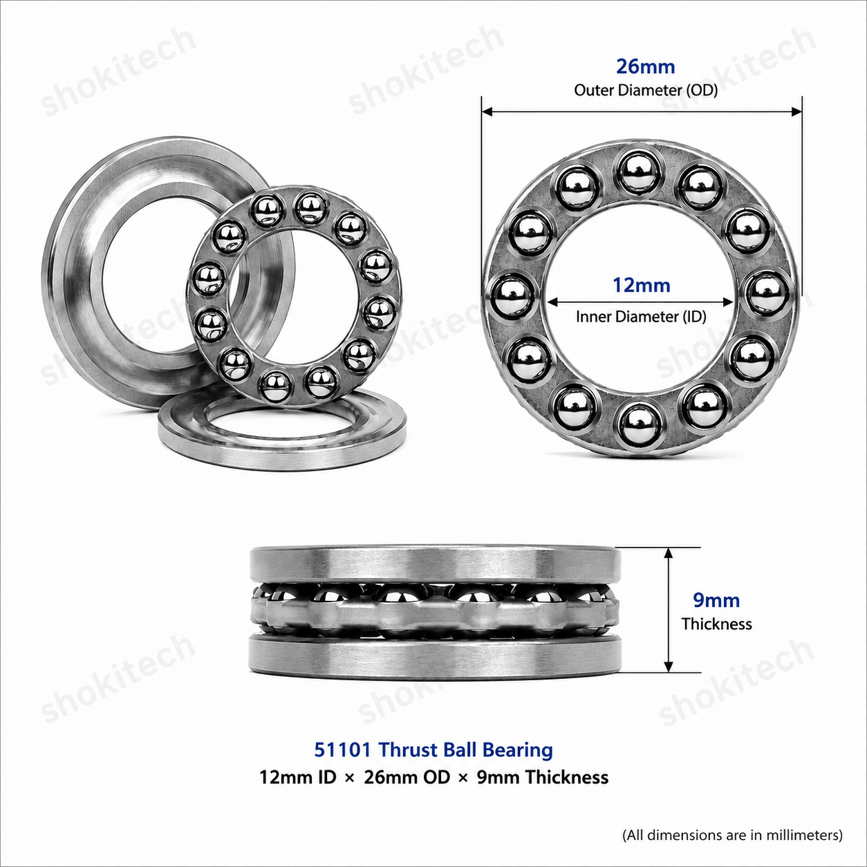 51101 Thrust Ball Bearing 12mm ID × 26mm OD × 9mm 3 dimensions