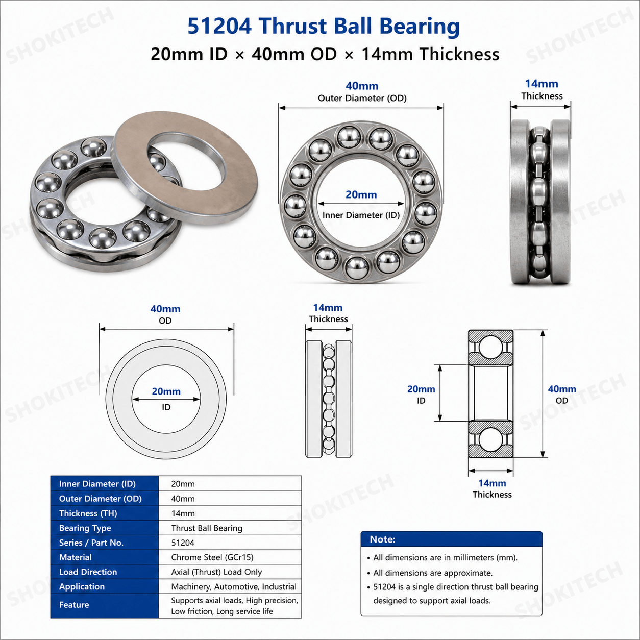 51204 Thrust Ball Bearing 20mm ID × 40mm OD × 14mm