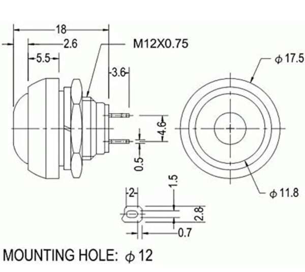 Black Waterproof 12MM 2PIN Self-Reset