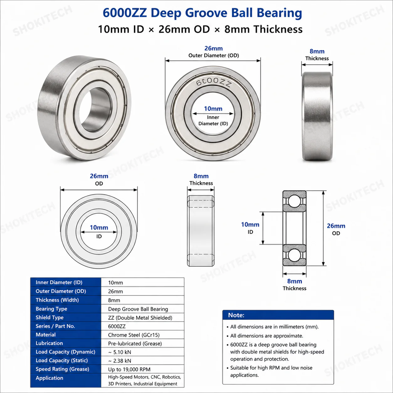 6000ZZ Deep Groove Ball Bearing 10mm ID × 26mm OD × 8mm
