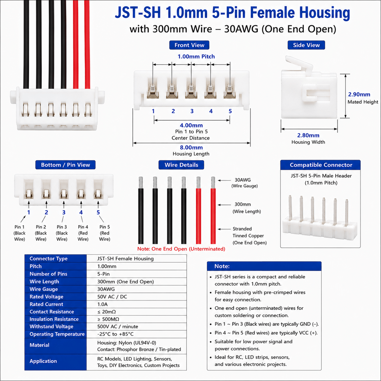 JST-SH-1.0mm-5-Pin-Female-Housing-with-300mm-Wire-–-30AWG5