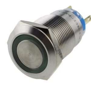 Flat Head 12mm Waterproof Metal Push Button Switch – Green LED Light, Self-Locking, 12-24V