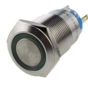 Green LED Light 12mm Waterproof Push Button – Flat Head Metal Momentary Self-Reset Switch, 3-6V