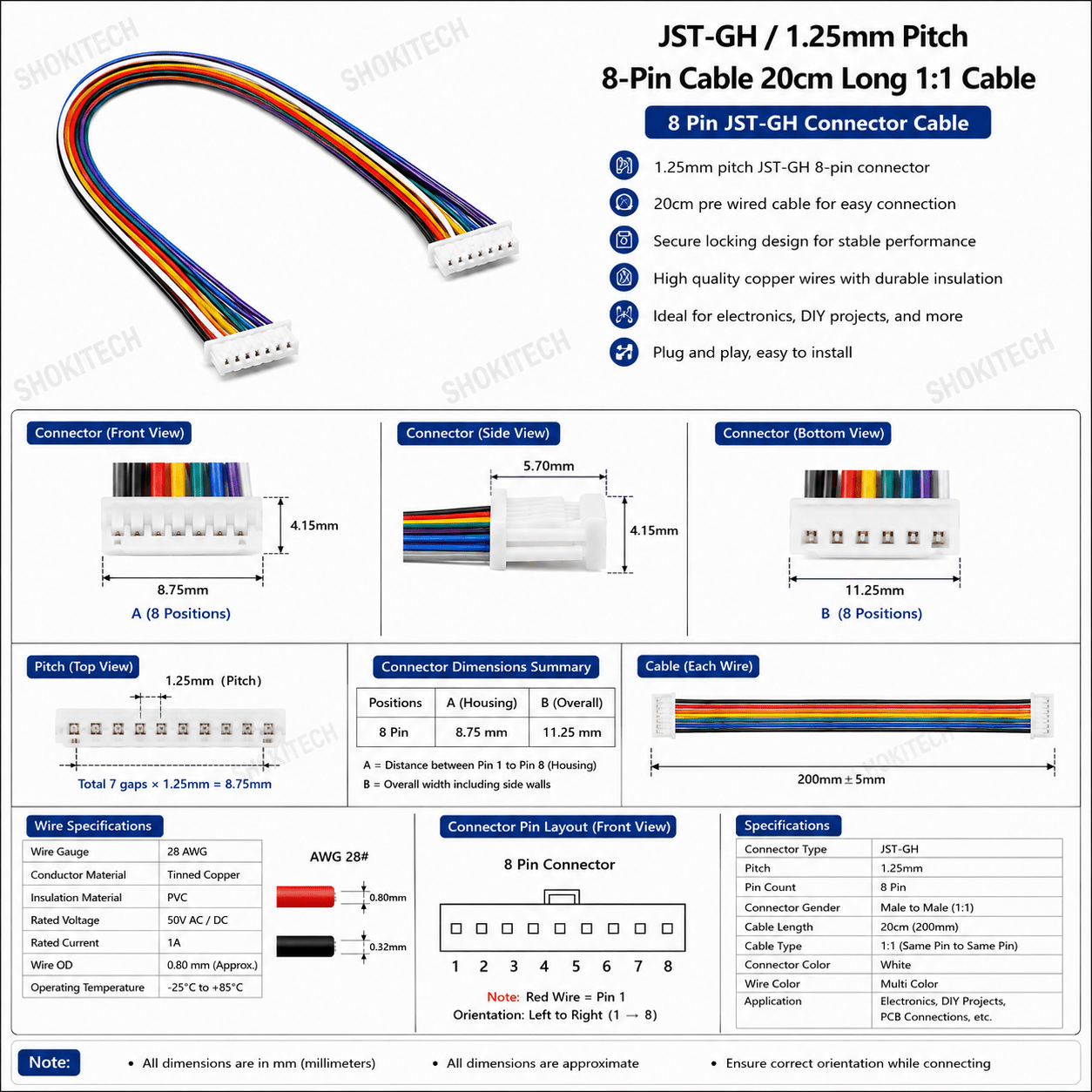 1.25mm Pitch 8-Pin Cable 20cm Long 11-1