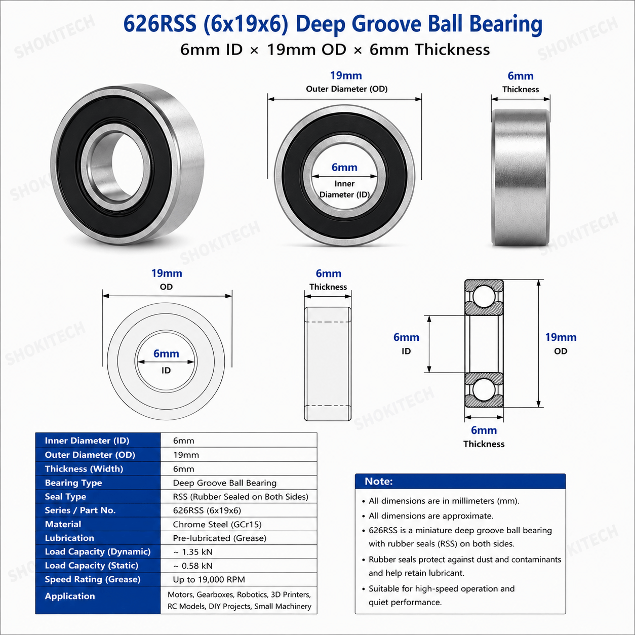 626RSS Deep Groove Ball Bearing 6mm ID × 19mm OD × 6mm