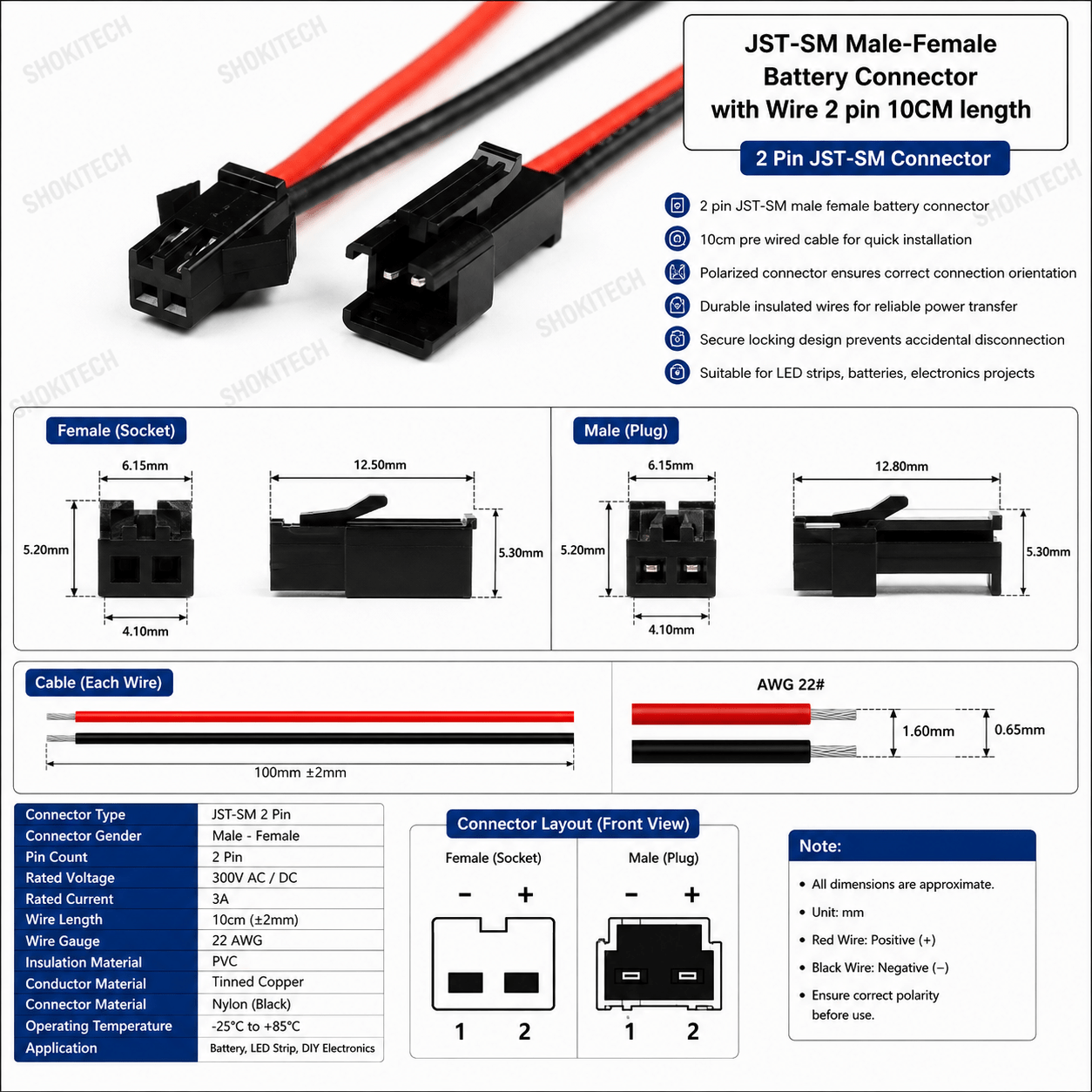 JST-SM 2 Pin Connector Male Female with Wire 10cm