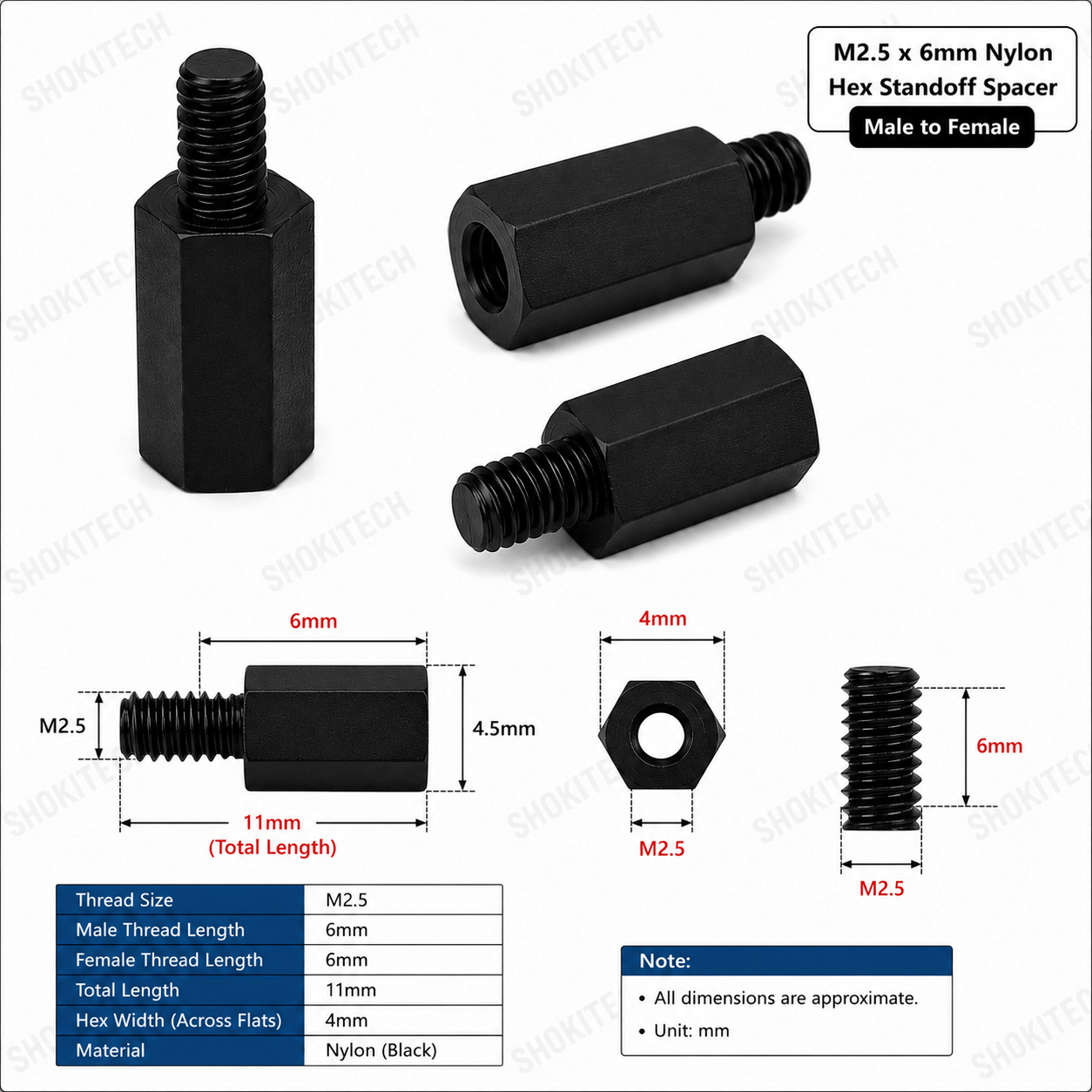 M2.5 x 6mm Nylon Hex Standoff Spacer – Male to Female - Image 2