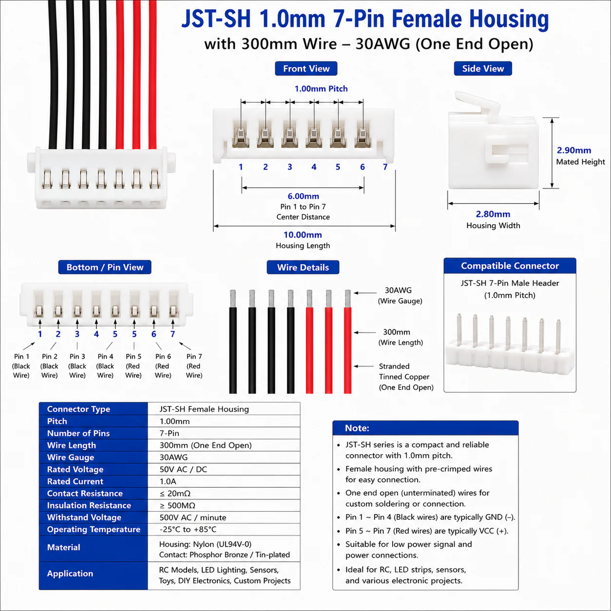 JST-SH 1.0mm 7-Pin Female Housing with 300mm Wire (One End Open)