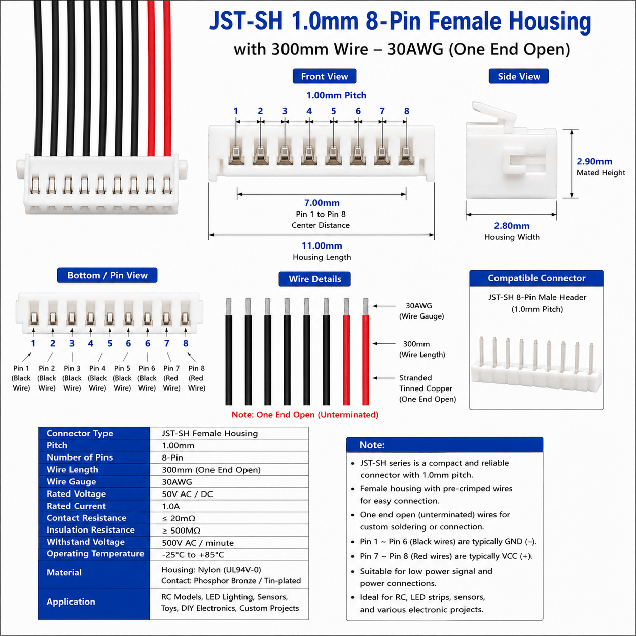 JST-SH-1.0mm-8-Pin-Female-Housing-with-300mm-Wire